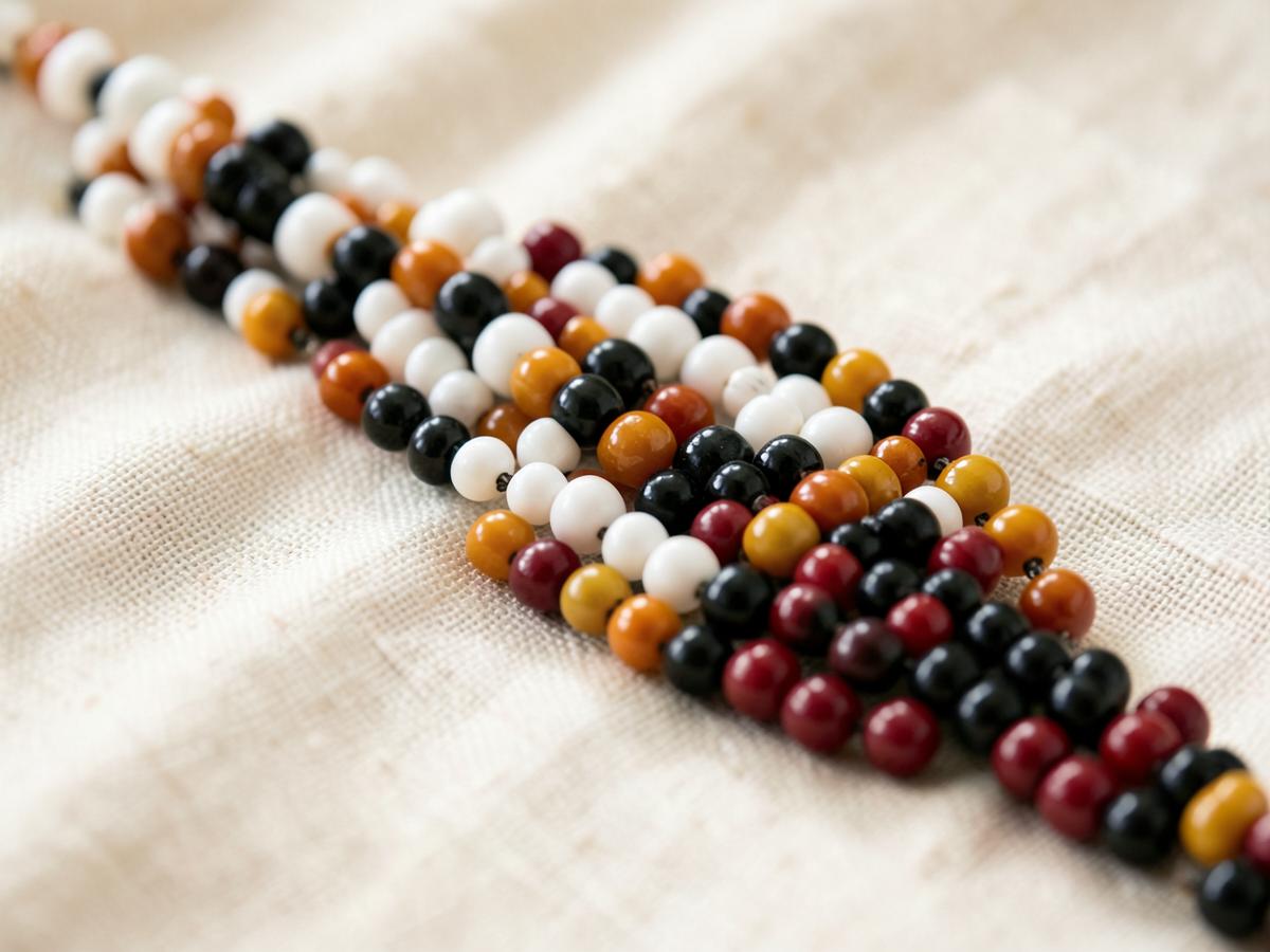 Traditional beadwork strands in white, ochre, black and red on cream linen